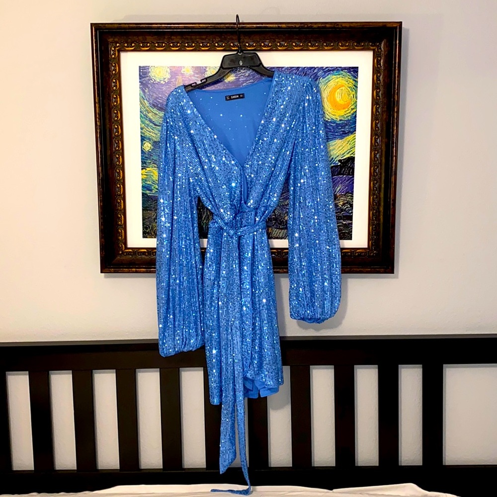 Blue, long sleeve sequin dress